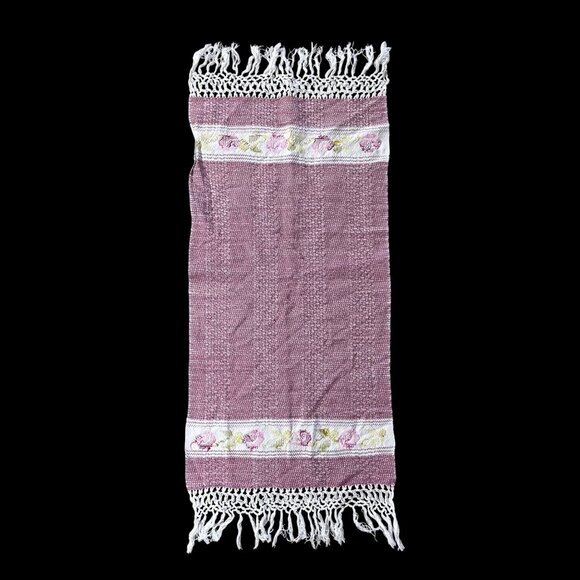 Woven Table Runner Cross Stitch Rose Flowers Fringe Cottagecore Pink White - Picture 3 of 7